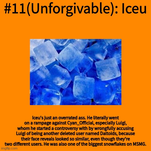 Blank Transparent Square Meme | #11(Unforgivable): Iceu; Iceu's just an overrated ass. He literally went on a rampage against Cyan_Official, especially Luigi, whom he started a controversy with by wrongfully accusing Luigi of being another deleted user named Daltoids, because their face reveals looked so similar, even though they're two different users. He was also one of the biggest snowflakes on MSMG. | image tagged in memes,blank transparent square | made w/ Imgflip meme maker