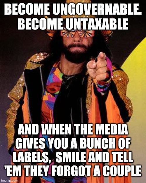 Macho Man | BECOME UNGOVERNABLE. BECOME UNTAXABLE; AND WHEN THE MEDIA GIVES YOU A BUNCH OF LABELS,  SMILE AND TELL 'EM THEY FORGOT A COUPLE | image tagged in macho man | made w/ Imgflip meme maker