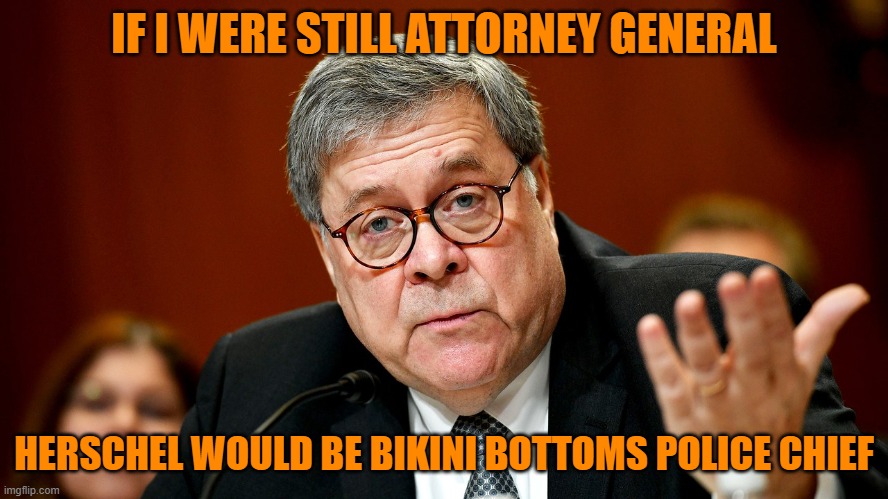 William Barr | IF I WERE STILL ATTORNEY GENERAL HERSCHEL WOULD BE BIKINI BOTTOMS POLICE CHIEF | image tagged in william barr | made w/ Imgflip meme maker