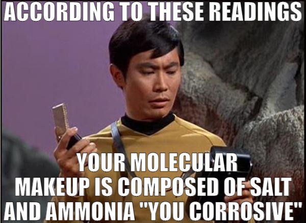 WE ALL ARE MADE OF MATERIAL FROM THE STARS! | ACCORDING TO THESE READINGS; YOUR MOLECULAR MAKEUP IS COMPOSED OF SALT AND AMMONIA "YOU CORROSIVE" | image tagged in gaydar sulu star trek,meme | made w/ Imgflip meme maker