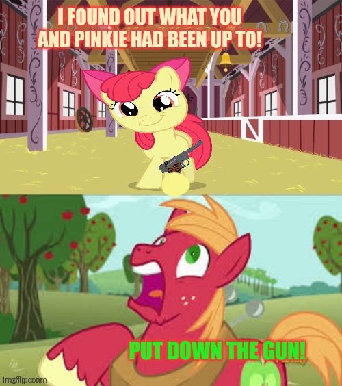 Surprised Big Mac | I FOUND OUT WHAT YOU AND PINKIE HAD BEEN UP TO! PUT DOWN THE GUN! | image tagged in surprised big mac | made w/ Imgflip meme maker