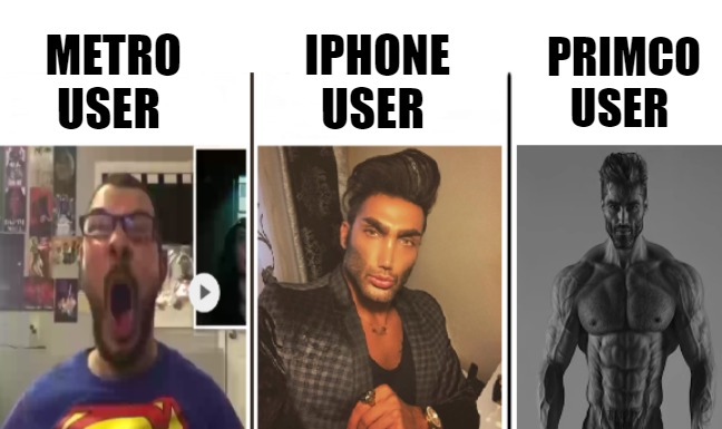 THERE'S ALL TYPES OF USERS! | IPHONE USER; PRIMCO USER; METRO USER | image tagged in nerd vs chad vs giga chad,meme | made w/ Imgflip meme maker