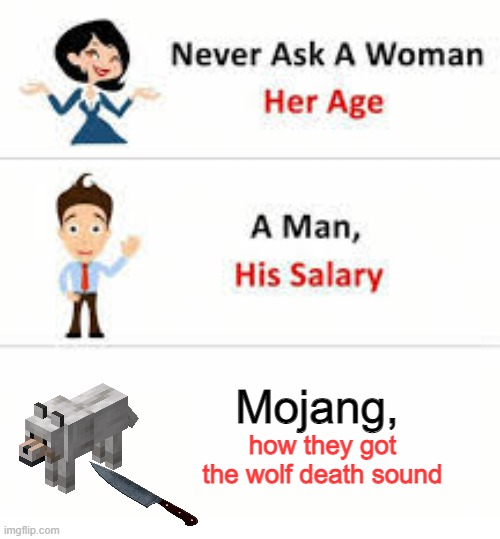 mojang tell us | Mojang, how they got the wolf death sound | image tagged in never ask a woman her age | made w/ Imgflip meme maker
