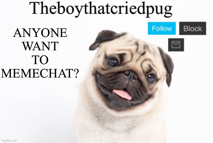 Memechat? | ANYONE WANT TO MEMECHAT? | image tagged in theboythatcriedpug | made w/ Imgflip meme maker