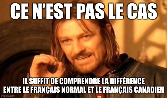 ONE DOES NOT SIMPLY UNDERSTAND THE DIFFERENCE BETWEEN NORMAL AND CANADIAN FRENCH | CE N’EST PAS LE CAS; IL SUFFIT DE COMPRENDRE LA DIFFÉRENCE ENTRE LE FRANÇAIS NORMAL ET LE FRANÇAIS CANADIEN | image tagged in memes,one does not simply | made w/ Imgflip meme maker