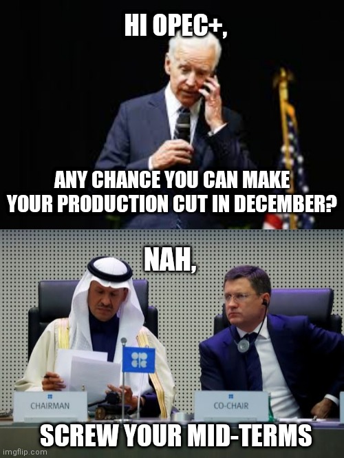 Not our interest but theirs | HI OPEC+, ANY CHANCE YOU CAN MAKE YOUR PRODUCTION CUT IN DECEMBER? NAH, SCREW YOUR MID-TERMS | image tagged in joe biden on the phone,rip opec,joe biden | made w/ Imgflip meme maker