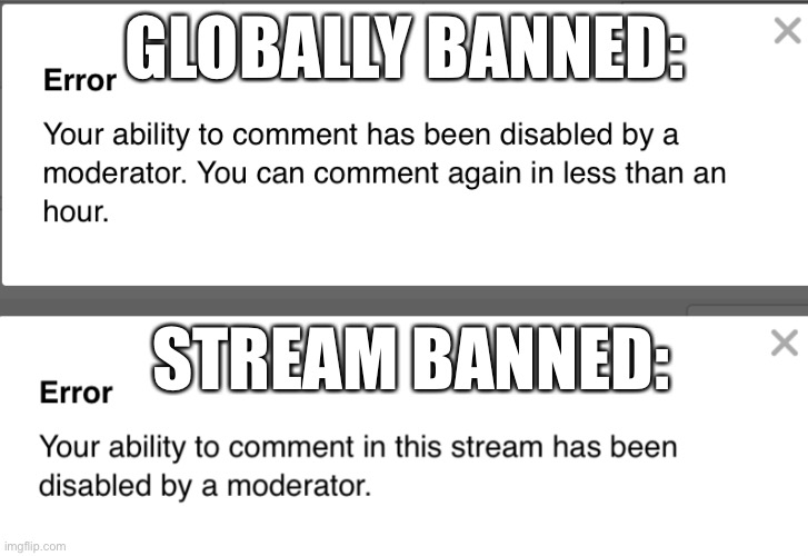 There’s a difference between a global ban and a stream ban by the popup | GLOBALLY BANNED:; STREAM BANNED: | image tagged in globalism,banned,comments,disabled | made w/ Imgflip meme maker