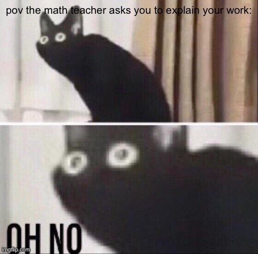 “um, well, I forgot” | pov the math teacher asks you to explain your work: | image tagged in oh no cat | made w/ Imgflip meme maker