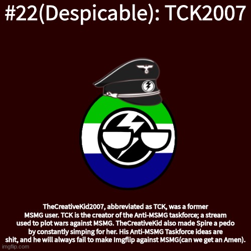 Blank Transparent Square Meme | #22(Despicable): TCK2007; TheCreativeKid2007, abbreviated as TCK, was a former MSMG user. TCK is the creator of the Anti-MSMG taskforce; a stream used to plot wars against MSMG. TheCreativeKid also made Spire a pedo by constantly simping for her. His Anti-MSMG Taskforce ideas are shit, and he will always fail to make Imgflip against MSMG(can we get an Amen). | image tagged in memes,blank transparent square | made w/ Imgflip meme maker