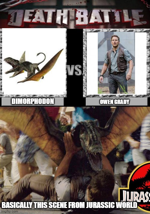 this is the only one i can come up with | DIMORPHODON; OWEN GRADY; BASICALLY THIS SCENE FROM JURASSIC WORLD | image tagged in death battle | made w/ Imgflip meme maker