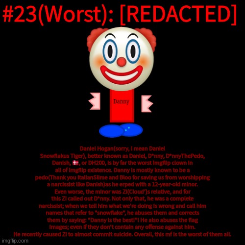 Blank Transparent Square Meme | #23(Worst): [REDACTED]; Daniel Hogan(sorry, I mean Daniel Snowflakus Tiger), better known as Daniel, D*nny, D*nnyThePedo, Danish, 🇩🇰, or DH200, is by far the worst Imgflip clown in all of Imgflip existence. Danny is mostly known to be a pedo(Thank you ItalianSlime and Bloo for saving us from worshipping a narcissist like Danish)as he erped with a 12-year-old minor. Even worse, the minor was Zi(Cloud')s relative, and for this Zi called out D*nny. Not only that, he was a complete narcissist; when we tell him what we're doing is wrong and call him names that refer to "snowflake", he abuses them and corrects them by saying: "Danny is the best!"! He also abuses the flag images; even if they don't contain any offense against him. He recently caused Zi to almost commit suicide. Overall, this mf is the worst of them all. | image tagged in memes,blank transparent square | made w/ Imgflip meme maker