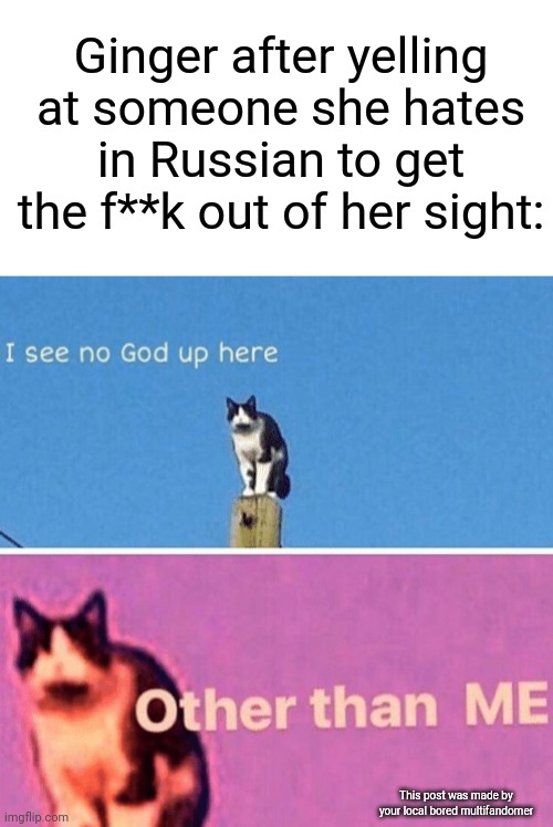 My oc can speak Russian, for context. | Ginger after yelling at someone she hates in Russian to get the f**k out of her sight:; This post was made by your local bored multifandomer | image tagged in hail pole cat | made w/ Imgflip meme maker