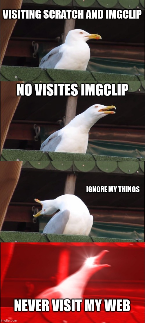visit my scratch Meenaceutania. nodobody views my project | VISITING SCRATCH AND IMGCLIP; NO VISITES IMGCLIP; IGNORE MY THINGS; NEVER VISIT MY WEB | image tagged in memes,inhaling seagull | made w/ Imgflip meme maker
