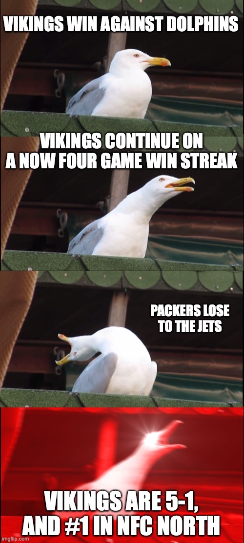 This is probably the best start for the Minnesota Vikings since 2016! | VIKINGS WIN AGAINST DOLPHINS; VIKINGS CONTINUE ON A NOW FOUR GAME WIN STREAK; PACKERS LOSE TO THE JETS; VIKINGS ARE 5-1, AND #1 IN NFC NORTH | image tagged in memes,inhaling seagull,minnesota vikings,nfl football,sports | made w/ Imgflip meme maker