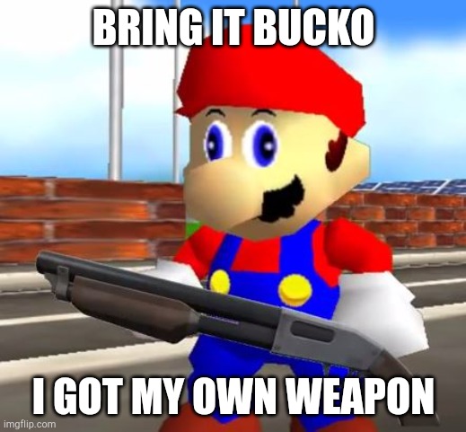 SMG4 Shotgun Mario | BRING IT BUCKO I GOT MY OWN WEAPON | image tagged in smg4 shotgun mario | made w/ Imgflip meme maker