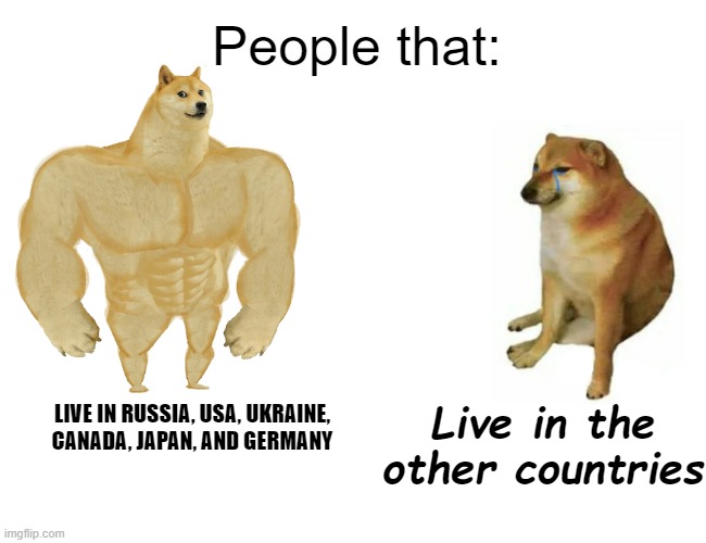 Buff Doge vs. Cheems | People that:; Live in the other countries; LIVE IN RUSSIA, USA, UKRAINE, CANADA, JAPAN, AND GERMANY | image tagged in memes,buff doge vs cheems | made w/ Imgflip meme maker