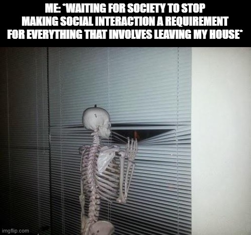 Skeleton Looking Out Window | ME: *WAITING FOR SOCIETY TO STOP MAKING SOCIAL INTERACTION A REQUIREMENT FOR EVERYTHING THAT INVOLVES LEAVING MY HOUSE* | image tagged in skeleton looking out window | made w/ Imgflip meme maker