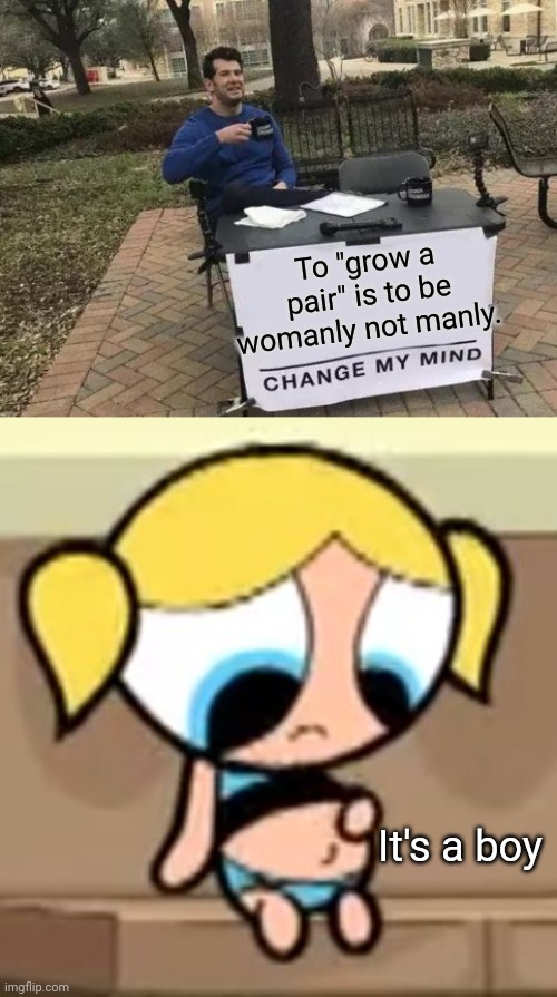 Lady, Grow a Pair! OK I will | To "grow a pair" is to be womanly not manly. It's a boy | image tagged in memes,change my mind,bubbles pregnant,balls,funny memes | made w/ Imgflip meme maker