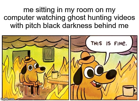 haha | me sitting in my room on my computer watching ghost hunting videos with pitch black darkness behind me | image tagged in memes,this is fine | made w/ Imgflip meme maker
