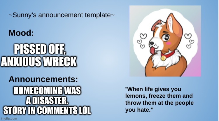 welp | PISSED OFF, ANXIOUS WRECK; HOMECOMING WAS A DISASTER. STORY IN COMMENTS LOL | image tagged in furry,the furry fandom,sunny's announcement template,homecoming | made w/ Imgflip meme maker