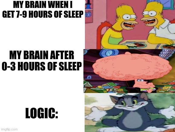My Brain After a Full Nights Sleep | MY BRAIN WHEN I GET 7-9 HOURS OF SLEEP; MY BRAIN AFTER 0-3 HOURS OF SLEEP; LOGIC: | image tagged in blank white template | made w/ Imgflip meme maker
