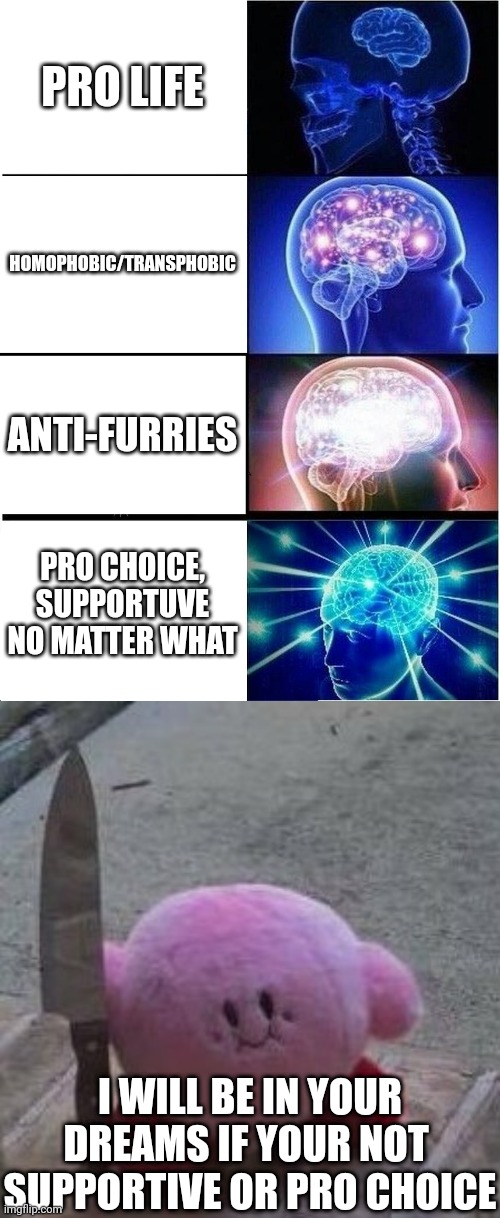 PRO LIFE; HOMOPHOBIC/TRANSPHOBIC; ANTI-FURRIES; PRO CHOICE, SUPPORTUVE NO MATTER WHAT; I WILL BE IN YOUR DREAMS IF YOUR NOT  SUPPORTIVE OR PRO CHOICE | image tagged in memes,expanding brain,creepy kirby | made w/ Imgflip meme maker