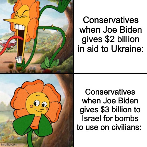 War Criminal Joe Biden | Conservatives when Joe Biden gives $2 billion in aid to Ukraine:; Conservatives when Joe Biden gives $3 billion to Israel for bombs to use on civilians: | image tagged in angry flower,ukraine,russia,israel,palestine,war criminal | made w/ Imgflip meme maker
