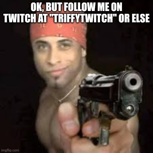 Ricardo pointing gun | OK, BUT FOLLOW ME ON TWITCH AT "TRIFFYTWITCH" OR ELSE | image tagged in ricardo pointing gun | made w/ Imgflip meme maker