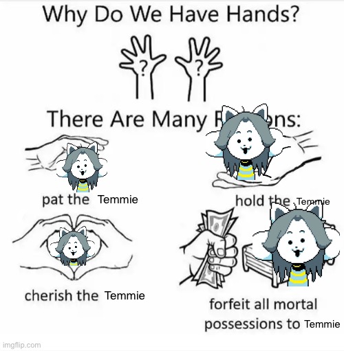 True | Temmie; Temmie; Temmie; Temmie | image tagged in why do we have hands all blank,temmie,tem,memes | made w/ Imgflip meme maker
