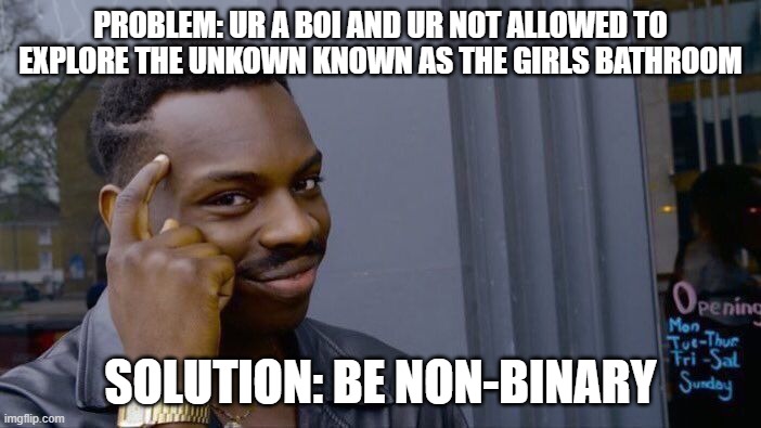 big brain moment | PROBLEM: UR A BOI AND UR NOT ALLOWED TO EXPLORE THE UNKOWN KNOWN AS THE GIRLS BATHROOM; SOLUTION: BE NON-BINARY | image tagged in memes,roll safe think about it | made w/ Imgflip meme maker