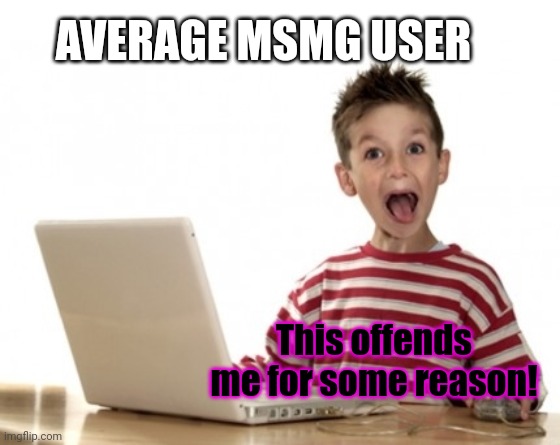 Little Boy At Computer | AVERAGE MSMG USER This offends me for some reason! | image tagged in little boy at computer | made w/ Imgflip meme maker