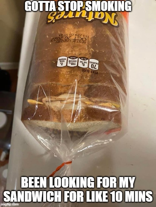 Gotta stop smoking | GOTTA STOP SMOKING; BEEN LOOKING FOR MY SANDWICH FOR LIKE 10 MINS | image tagged in 420,make me a sandwich,snacks,too damn high | made w/ Imgflip meme maker