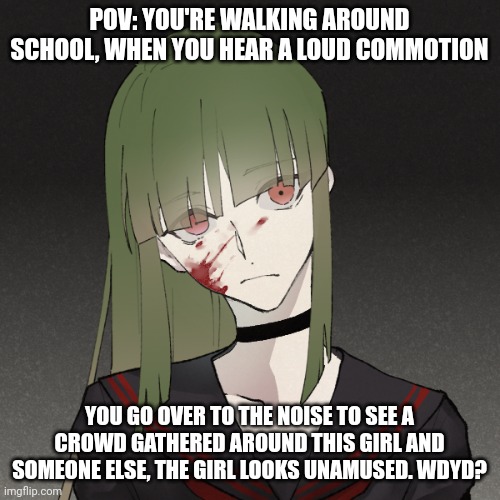I love this OC so much. But uhhh, anything except ERP or joke. No OP, military, car, joke, or Bambi ocs | POV: YOU'RE WALKING AROUND SCHOOL, WHEN YOU HEAR A LOUD COMMOTION; YOU GO OVER TO THE NOISE TO SEE A CROWD GATHERED AROUND THIS GIRL AND SOMEONE ELSE, THE GIRL LOOKS UNAMUSED. WDYD? | made w/ Imgflip meme maker