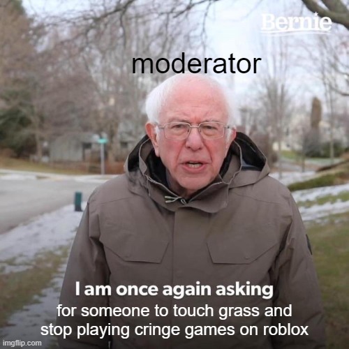 Bernie I Am Once Again Asking For Your Support Meme | moderator; for someone to touch grass and stop playing cringe games on roblox | image tagged in memes,bernie i am once again asking for your support | made w/ Imgflip meme maker