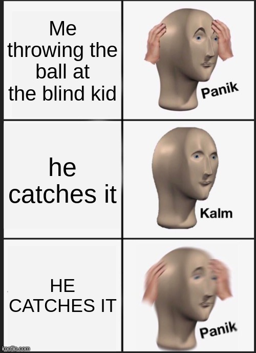 Panik Kalm Panik Meme | Me throwing the ball at the blind kid; he catches it; HE CATCHES IT | image tagged in memes,panik kalm panik | made w/ Imgflip meme maker