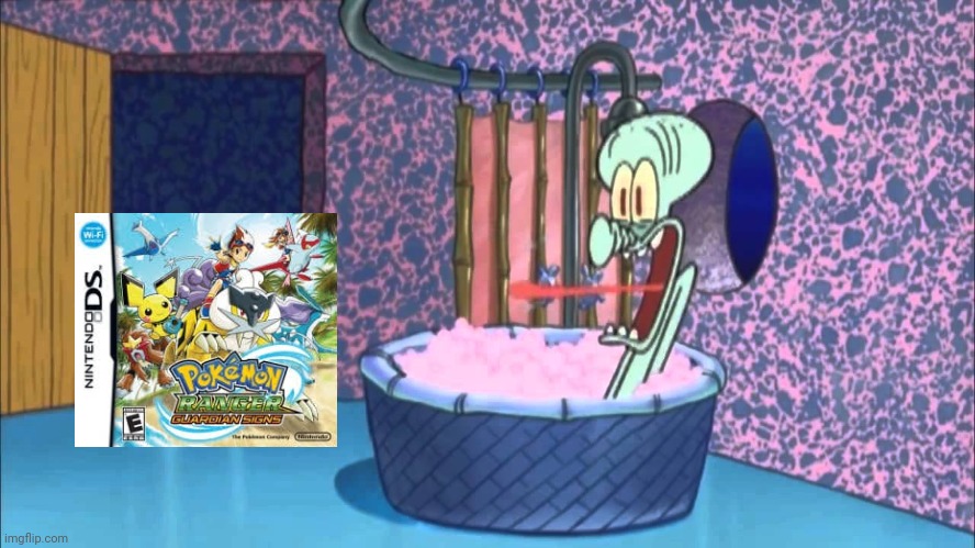 Pokémon Ranger Guardian Signs Dropped By Squidward's House | image tagged in who dropped by squidward's house,pokemon,ds,nintendo,spongebob squarepants | made w/ Imgflip meme maker