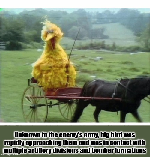 Big Bird in Carriage | Unknown to the enemy's army, big bird was rapidly approaching them and was in contact with multiple artillery divisions and bomber formations | image tagged in big bird in carriage,screwed,big bird | made w/ Imgflip meme maker