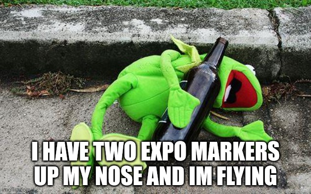 Drunk Kermit | I HAVE TWO EXPO MARKERS UP MY NOSE AND IM FLYING | image tagged in drunk kermit | made w/ Imgflip meme maker