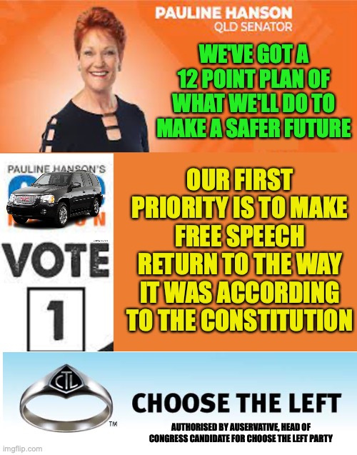 Our first campaign done, more to come. If I'm not HoC, then I'll be a priorities Congressperson for CTL | WE'VE GOT A 12 POINT PLAN OF WHAT WE'LL DO TO MAKE A SAFER FUTURE; OUR FIRST PRIORITY IS TO MAKE FREE SPEECH RETURN TO THE WAY IT WAS ACCORDING TO THE CONSTITUTION; AUTHORISED BY AUSERVATIVE, HEAD OF CONGRESS CANDIDATE FOR CHOOSE THE LEFT PARTY | image tagged in choose the left party,campaign,freedom of speech,1st amendment,revival,pauline hanson one nation | made w/ Imgflip meme maker