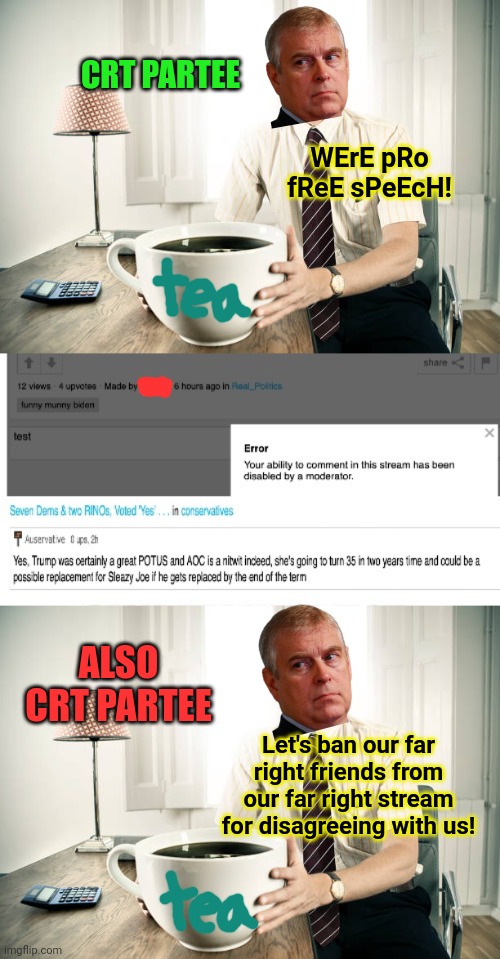 VoTee CrT pArTeE! | CRT PARTEE; WErE pRo fReE sPeEcH! ALSO CRT PARTEE; Let's ban our far right friends from our far right stream for disagreeing with us! | image tagged in vote crt,political,propaganda | made w/ Imgflip meme maker