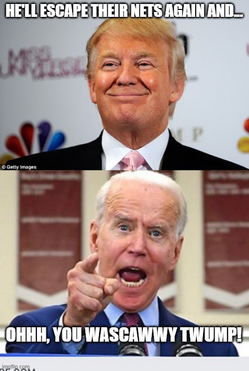 HE'LL ESCAPE THEIR NETS AGAIN AND... OHHH, YOU WASCAWWY TWUMP! | image tagged in donald trump approves,joe biden no malarkey | made w/ Imgflip meme maker