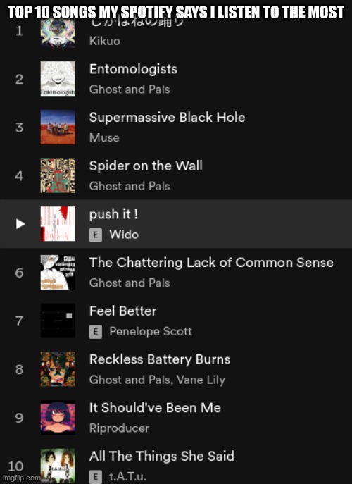 TOP 10 SONGS MY SPOTIFY SAYS I LISTEN TO THE MOST | made w/ Imgflip meme maker