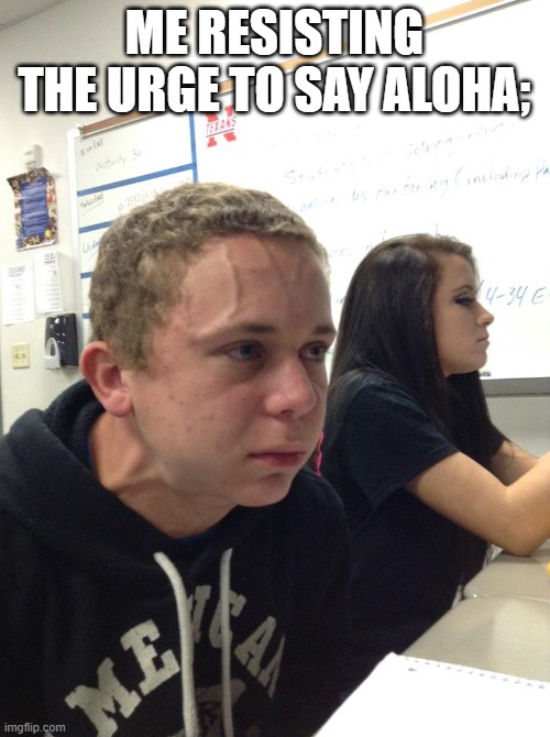 Veins forehead kid | ME RESISTING THE URGE TO SAY ALOHA; | image tagged in veins forehead kid | made w/ Imgflip meme maker