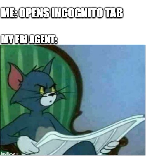 now you can't see me | ME: OPENS INCOGNITO TAB; MY FBI AGENT: | image tagged in blank white template,interrupting tom's read | made w/ Imgflip meme maker