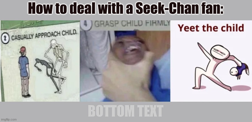 I honestly don't know why I did this- | How to deal with a Seek-Chan fan:; BOTTOM TEXT | image tagged in casually approach child grasp child firmly yeet the child,doors,oh wow are you actually reading these tags | made w/ Imgflip meme maker