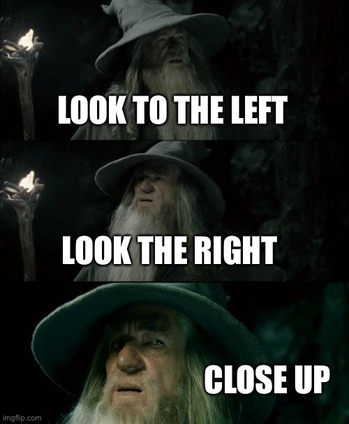 Confused Gandalf Meme | LOOK TO THE LEFT; LOOK THE RIGHT; CLOSE UP | image tagged in memes,confused gandalf | made w/ Imgflip meme maker