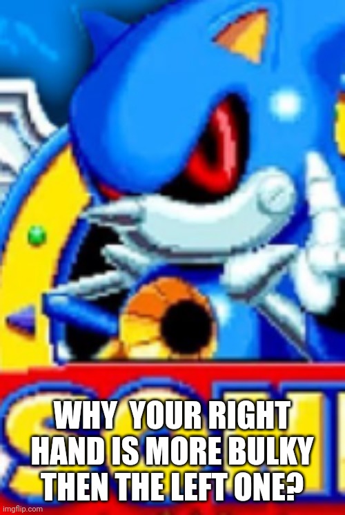 Metal Sonic's question. | WHY  YOUR RIGHT HAND IS MORE BULKY THEN THE LEFT ONE? | image tagged in funny,sonic the hedgehog,memes | made w/ Imgflip meme maker