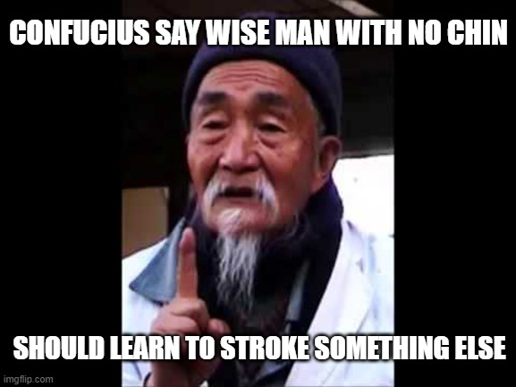 wise man with no chin | CONFUCIUS SAY WISE MAN WITH NO CHIN; SHOULD LEARN TO STROKE SOMETHING ELSE | image tagged in wise chinese | made w/ Imgflip meme maker