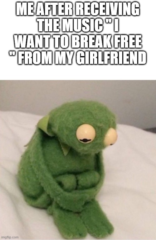 She really want to broke up. | ME AFTER RECEIVING THE MUSIC " I WANT TO BREAK FREE " FROM MY GIRLFRIEND | image tagged in sad kermit,i want to break free,queen,freddie mercury | made w/ Imgflip meme maker