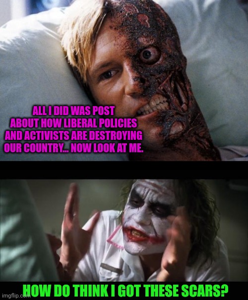 Joker and 2-Face | ALL I DID WAS POST ABOUT HOW LIBERAL POLICIES AND ACTIVISTS ARE DESTROYING OUR COUNTRY... NOW LOOK AT ME. HOW DO THINK I GOT THESE SCARS? | image tagged in two face,memes,and everybody loses their minds | made w/ Imgflip meme maker
